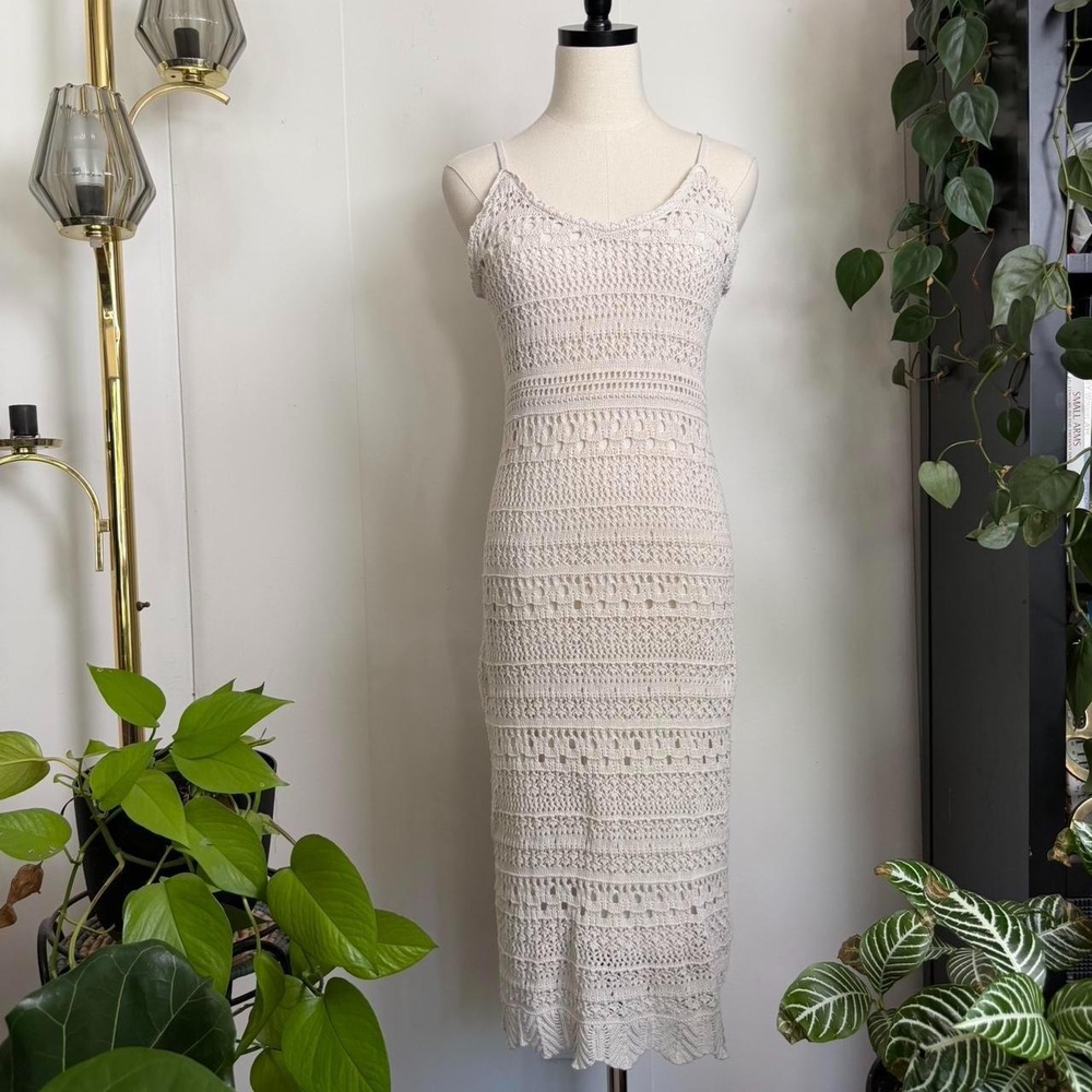 Freshman Womens Oatmeal White Crochet Midi Dress Bodycon Scoop Back Medium